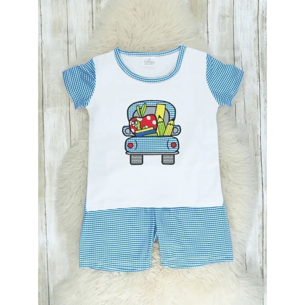 Boutique Blue Check School Bus Outfit - L (4 years)